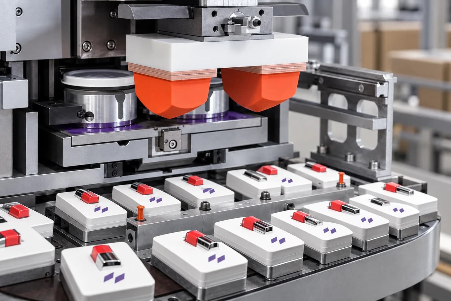 Línea automatizada de tampografía con varias piezas organizadas para producción